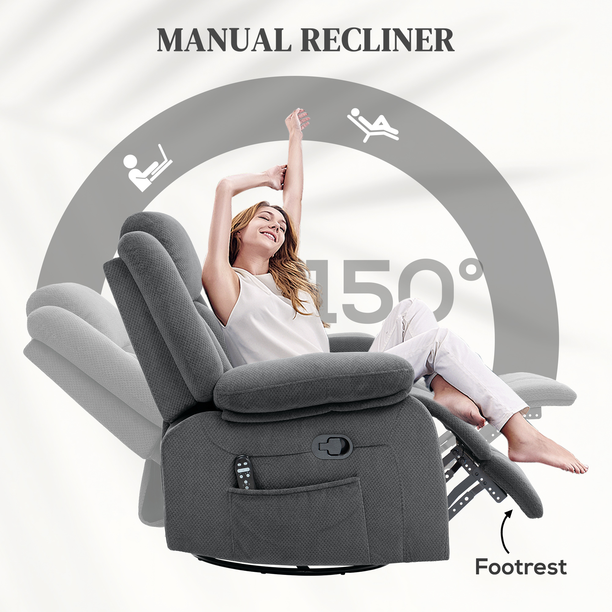 Recliner Massage Armchair with Heat, Oversized Swivel Rocker with Footrest, Remote and Side Pockets, Gray - Image 3