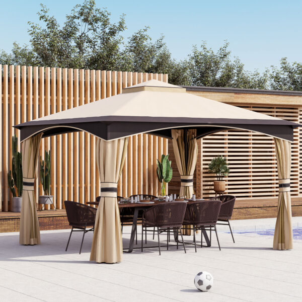 10 x 12 Outdoor Gazebo with Netting, Patio Gazebo Canopy with 2-Tier Soft Top Roof and Steel Frame for Lawn, Garden, Backyard and Deck