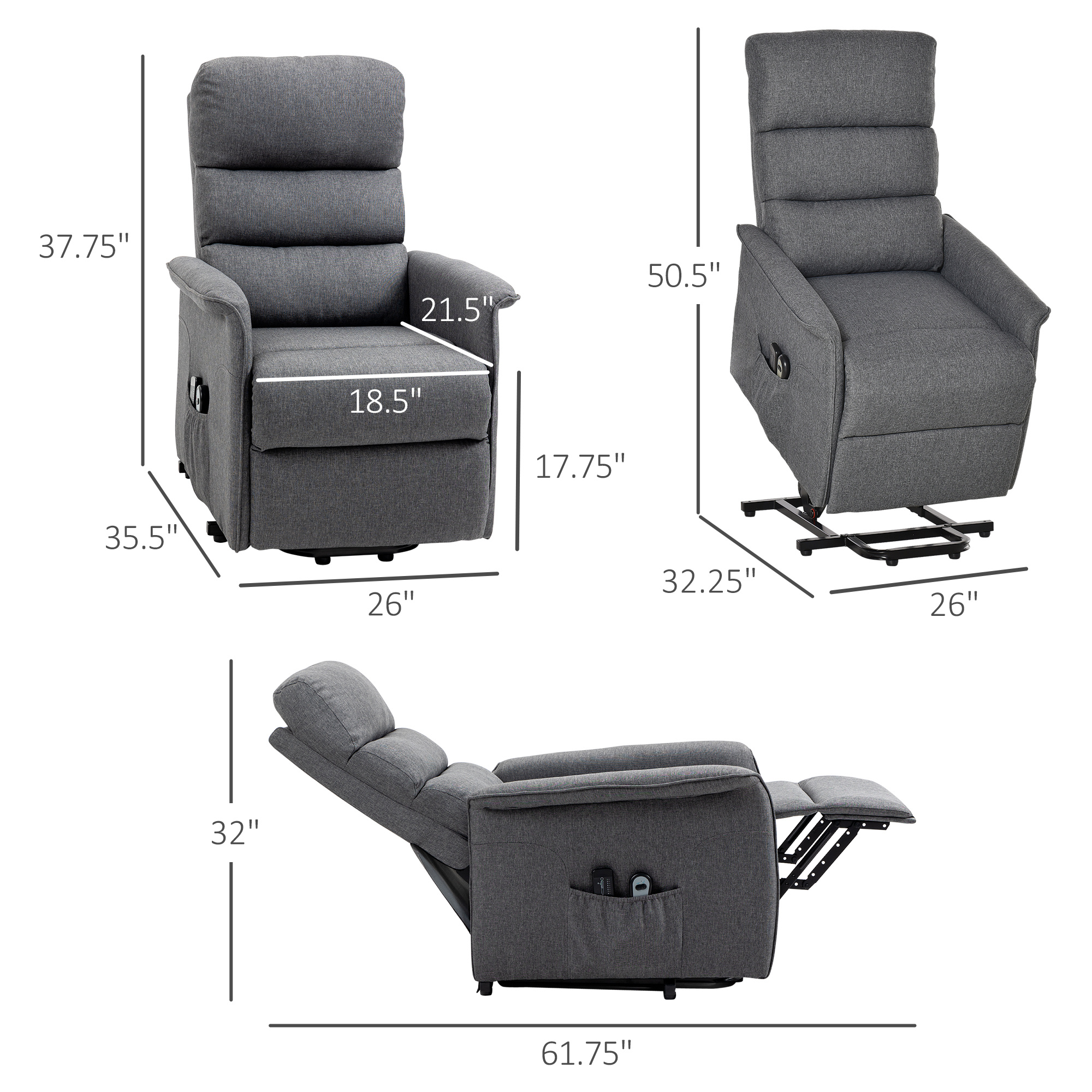 Power Lift Chair with Vibration Massage, Fabric Upholstered Recliner Chair for Elderly with Remote Control, Side Pockets, Grey - Image 4