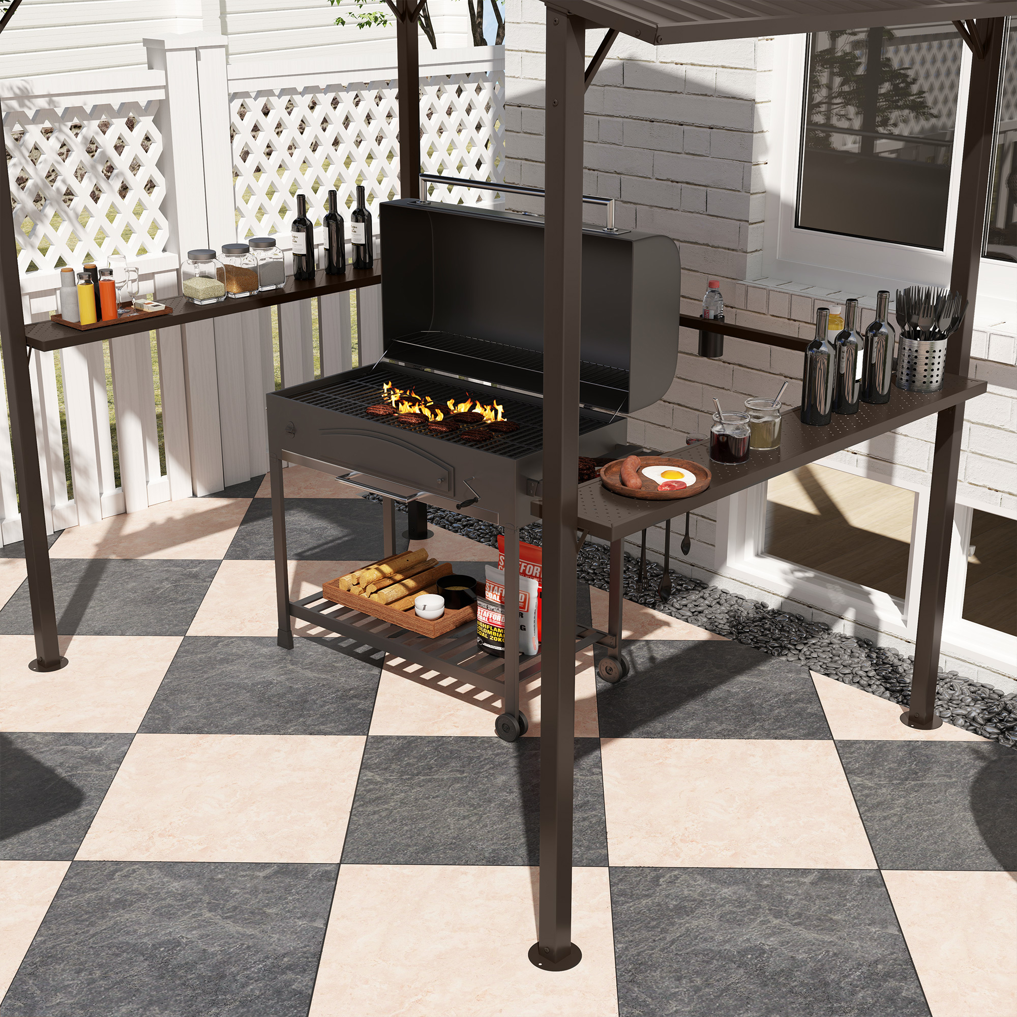 8 x 5ft Hardtop Grill Gazebo with Double Metal Roof, 2 Side Shelves and 4 Cup Holders for Patio Backyard Lawn Deck - Image 6