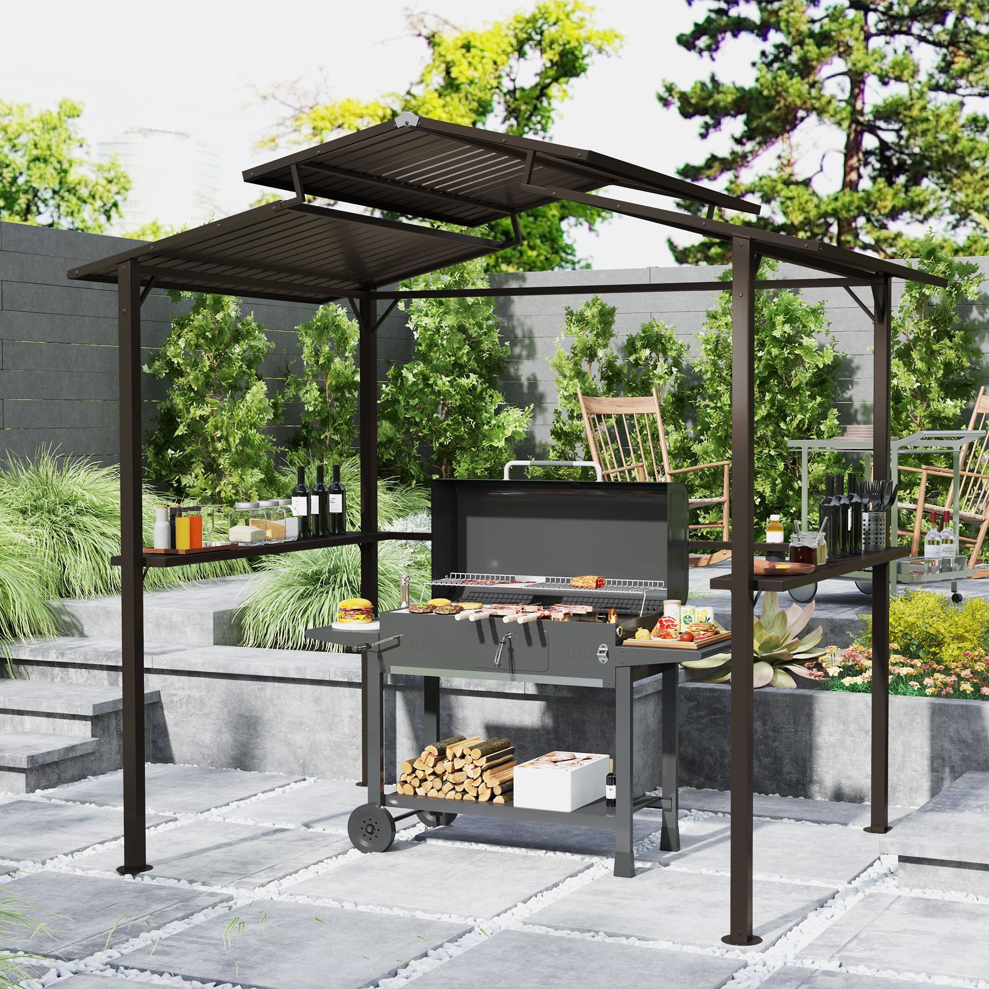 8 x 5ft Hardtop Grill Gazebo with Double Metal Roof, 2 Side Shelves and 4 Cup Holders for Patio Backyard Lawn Deck - Image 7