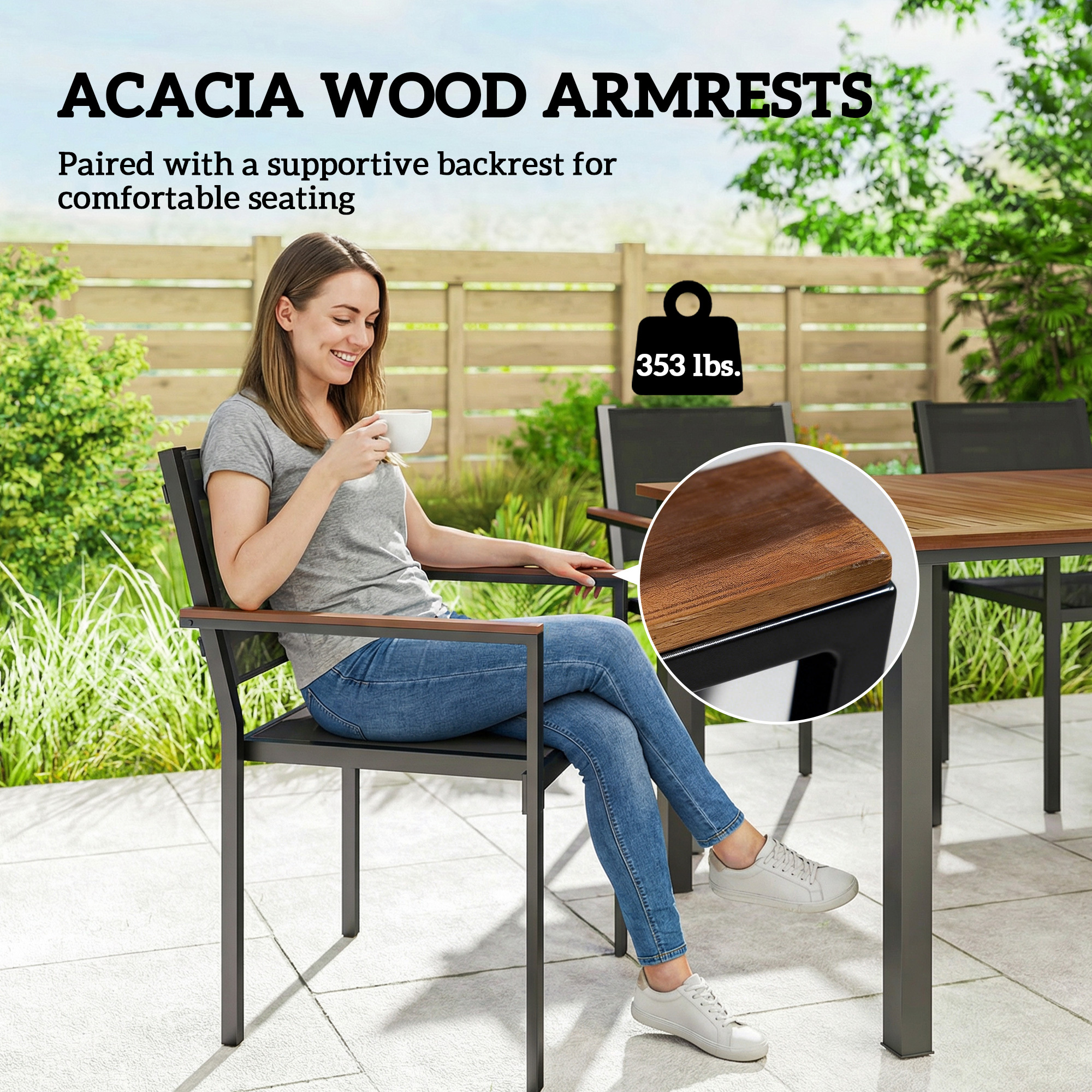 Outdoor Dining Set for 4, Patio Table and Chairs Set with 59" Rectangle Acacia Wood Table and 352 LBS Stackable Chairs - Image 4