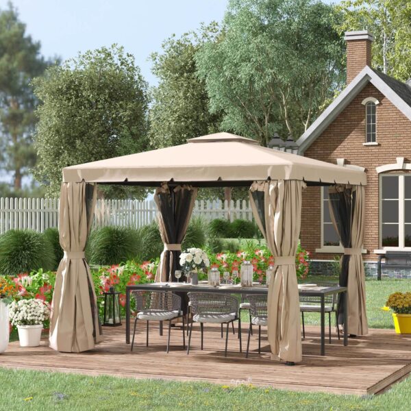10 x 10 Patio Gazebo, Aluminum Frame Double Roof Outdoor Gazebo Canopy Shelter with Netting & Curtains, for Garden, Lawn, Backyard and Deck, Khaki
