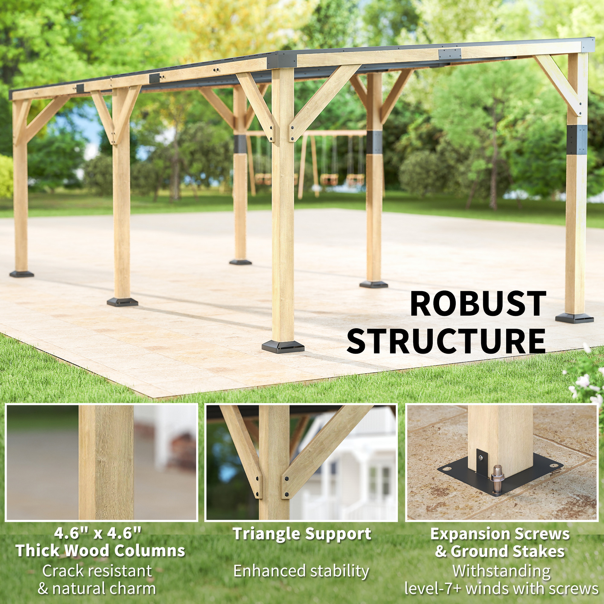 10 x 20 Wooden Gazebo, Hardtop Lean-to Gazebo Pergola with Galvanized Steel Sloped Roof, Light Walnut - Image 4