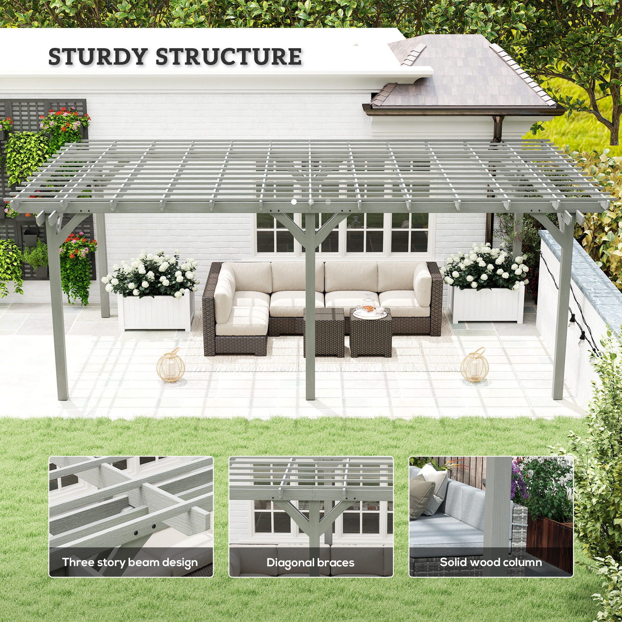 12 x 20 Outdoor Pergola, Wood Gazebo Grape Trellis with Stable Structure for Climbing Plant Support, Gray - Image 6