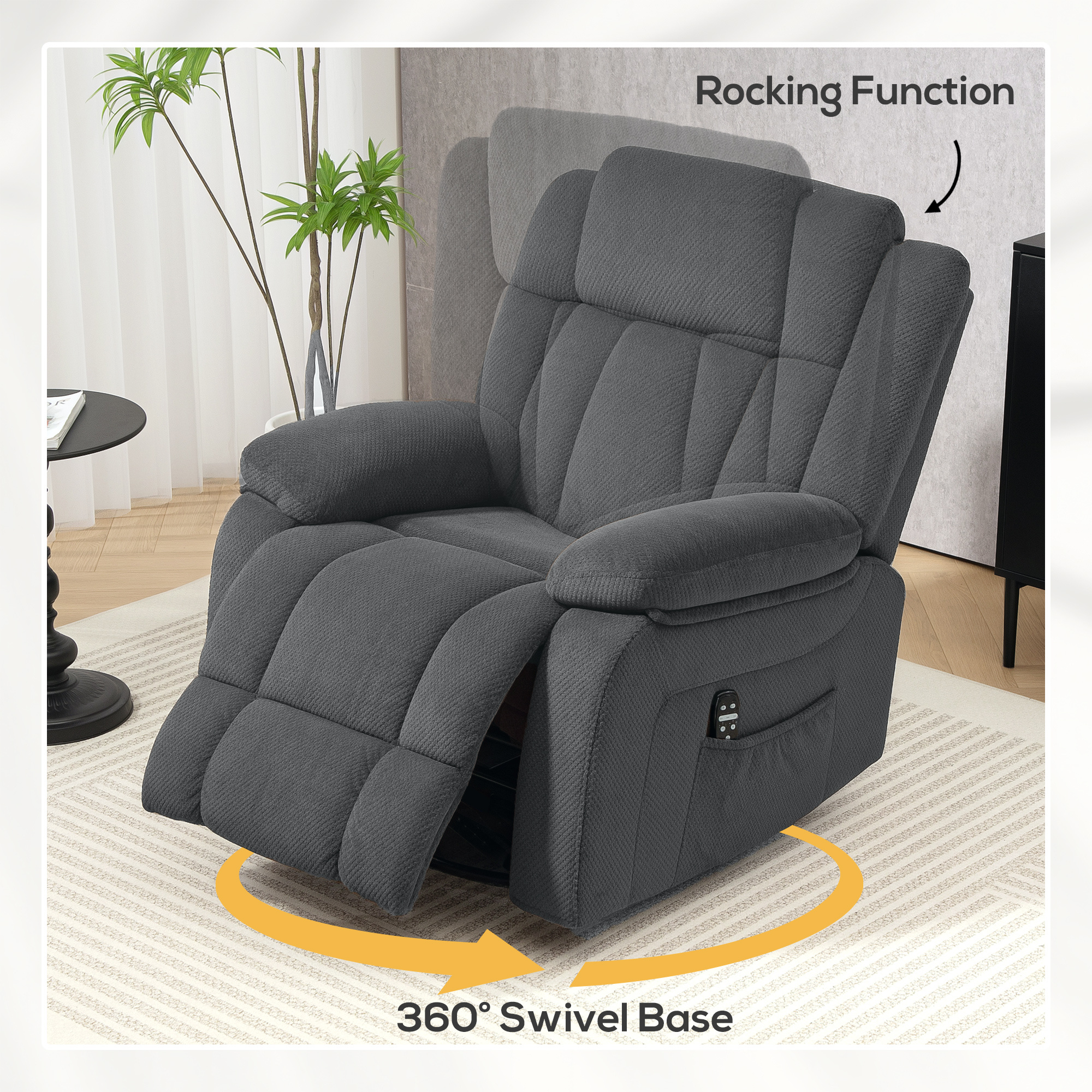 Recliner Massage Armchair with Heat, Oversized Swivel Rocker with Footrest, Remote and Side Pockets, Gray - Image 4