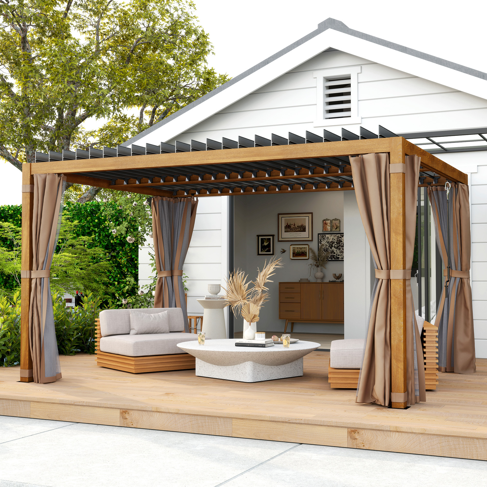 10 x 13 Outdoor Retractable Pergola w/ Sun Shade Louvered Top, Pergola w/ Canopy, Curtains, Netting, Natural Wood - Image 2