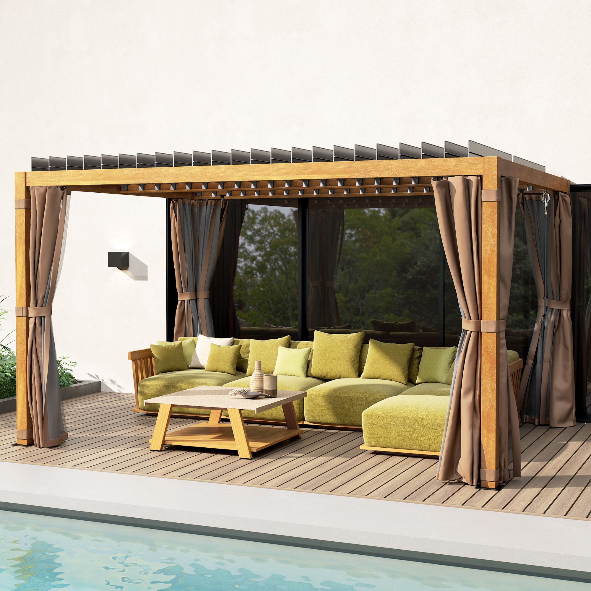 10 x 13 Outdoor Retractable Pergola w/ Sun Shade Louvered Top, Pergola w/ Canopy, Curtains, Netting, Natural Wood - Image 5