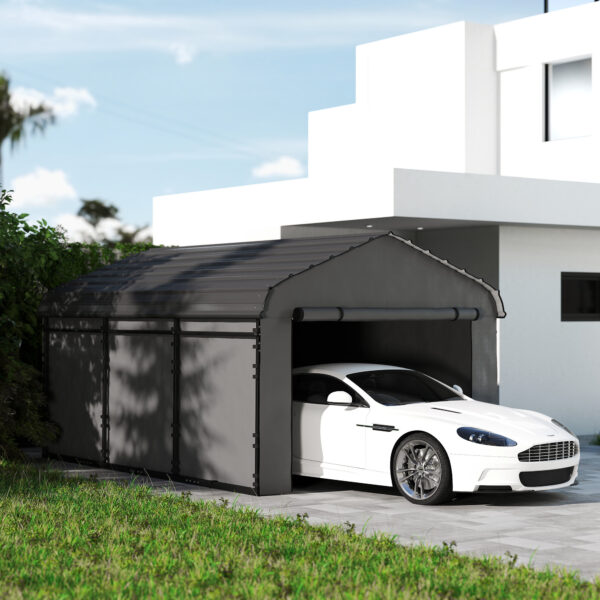 10 x 15 Metal Carport, Heavy Duty Garage Car Canopy with Galvanized Metal Roof and Removable Sidewalls, Dark Gray