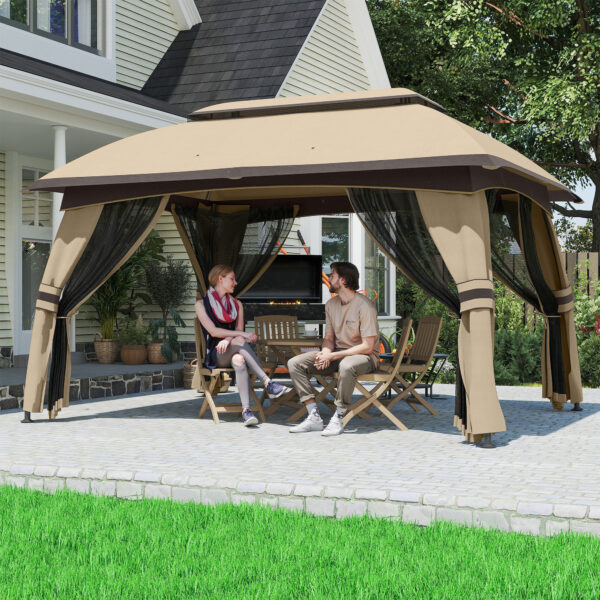 10 x 13 Patio Gazebo, Outdoor Gazebo Canopy Shelter with Netting, Vented Roof for Garden, Beige