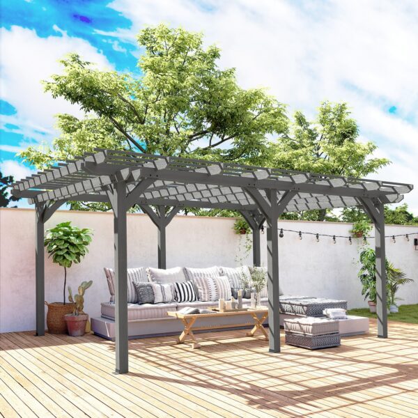 12 x 16 Outdoor Pergola, Wood Gazebo Grape Trellis with Stable Structure for Climbing Plant Support, Gray