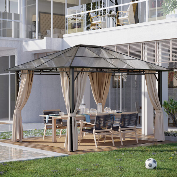 10 x 12 Hardtop Gazebo Canopy with Polycarbonate Roof, Aluminum Frame, Permanent Pavilion Outdoor Gazebo with Netting, for Patio, Garden, Backyard, Deck, Lawn, Dark Brown, Off-White