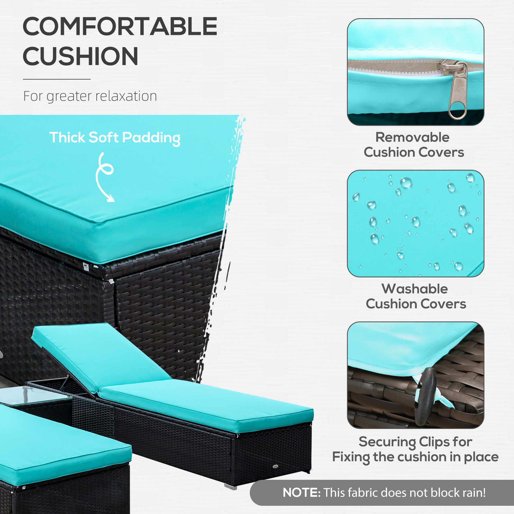 Chaise Lounge Chair Set of 2 with 5 Angle Backrest, Outdoor Coffee Table, Water Repellent Cushions, PE Rattan Wicker Poolside Chairs, 3-Piece Pool Furniture Set, Dark Brown/Turquoise - Image 5