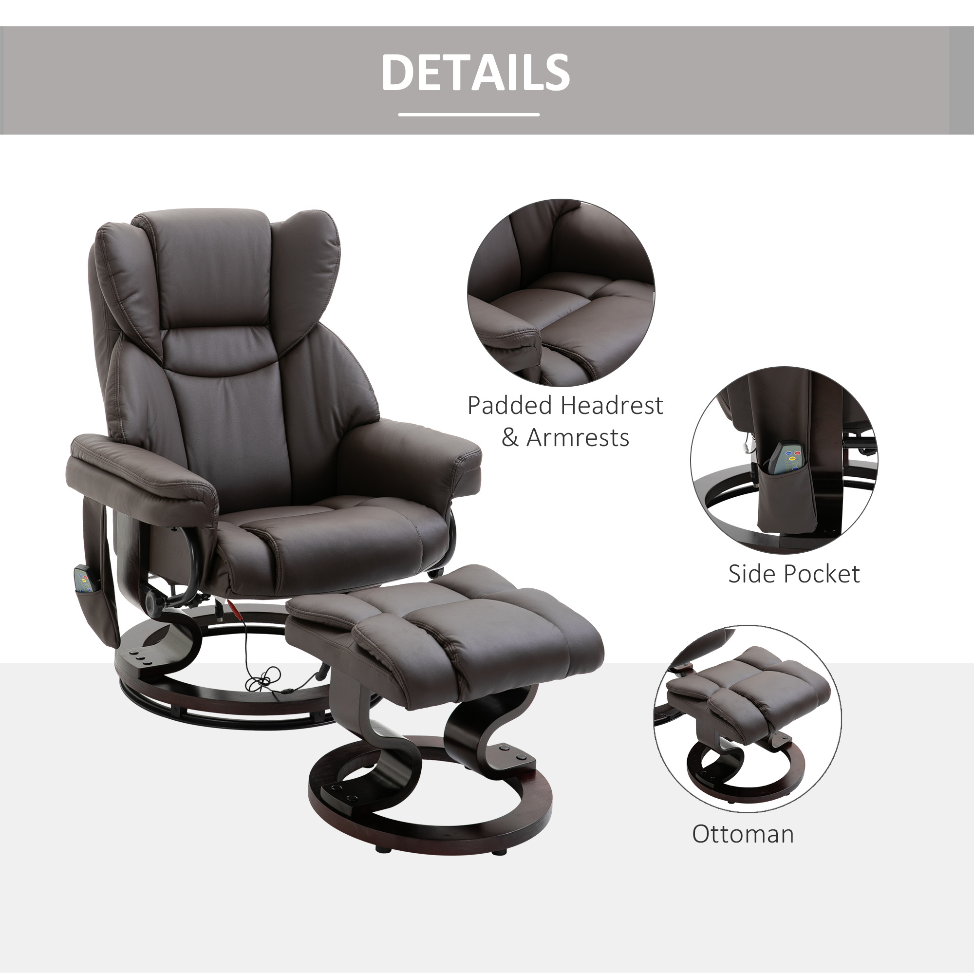 Massage Sofa Recliner Chair w/ Footrest, 10 Vibration Point, Faux PU Leather, Brown - Image 4