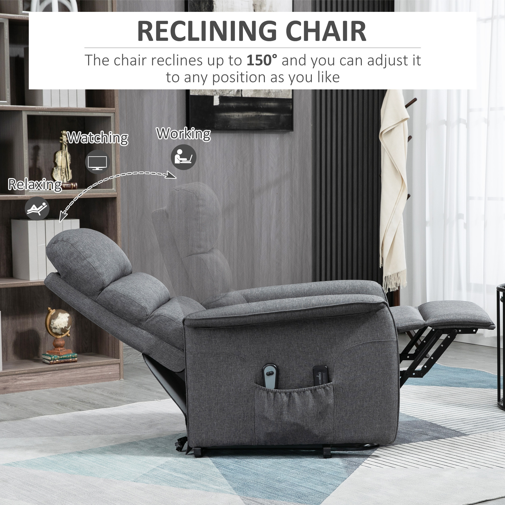 Power Lift Chair with Vibration Massage, Fabric Upholstered Recliner Chair for Elderly with Remote Control, Side Pockets, Grey - Image 2