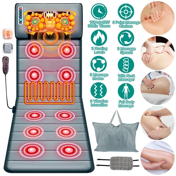 Full Body Massage Mat With Neck Kneading Massager - 10 Targeted Points & 3-Level Lumbar Heating, 9 Vibration Modes&9 Speeds, 20-Node Neck Massage -Heating & 3 Modes, 10-30min Smart Timer, Anti-Slip B - Image 4