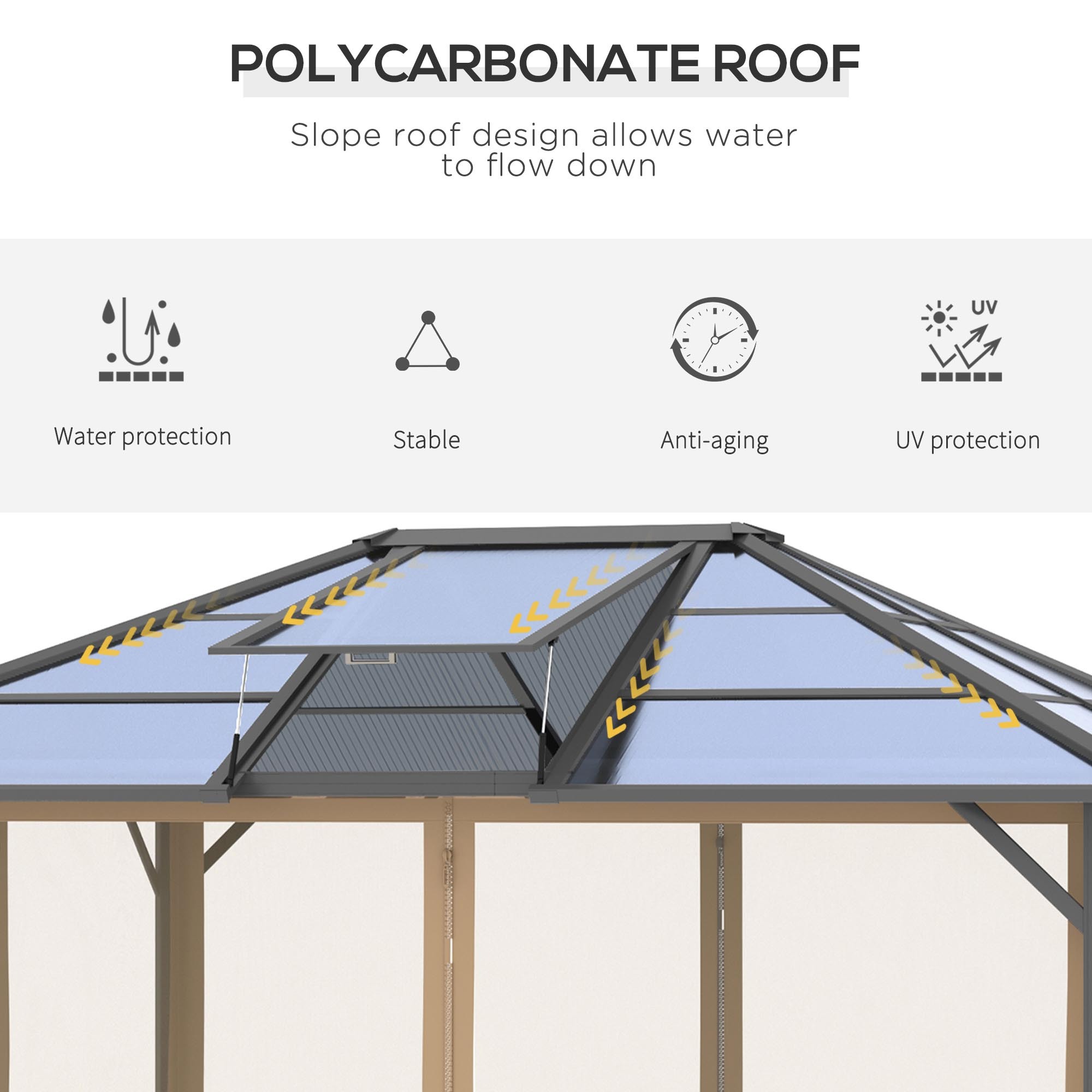 10 x 12 Hardtop Gazebo Canopy with Polycarbonate Roof, Aluminum Frame, Permanent Pavilion Outdoor Gazebo with Netting, for Patio, Garden, Backyard, Deck, Lawn, Gray, Brown - Image 6