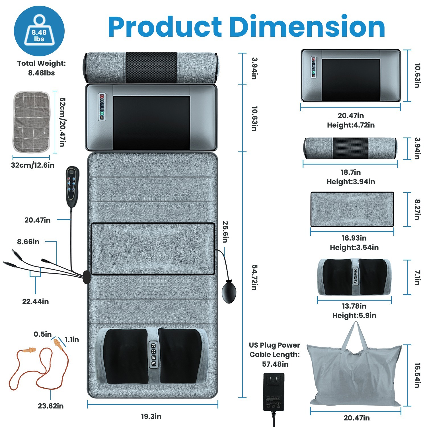 Advanced Version 1 Set Full Body Electric Massage Mat With Neck Foot Massage Head Pillow And Cloth Lumbar Pillow Timer Anti-Slip Bottom Earplugs - Image 5