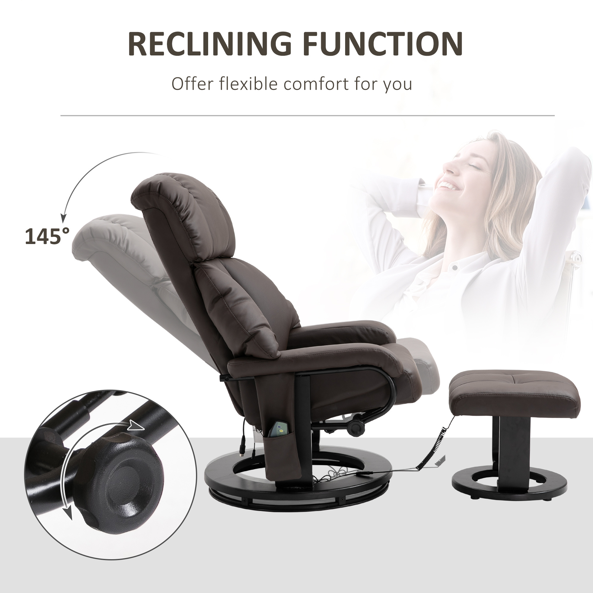 Recliner with Ottoman Footrest, Recliner Chair with Vibration Massage, Faux Leather and Swivel Wood Base for Living Room and Bedroom, Brown - Image 4