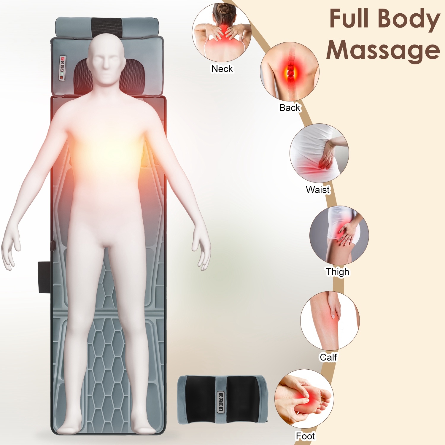 Flannel Full Body Massage Mat Multifunctional Massage Chair Pad With Heat Timer Shiatsu Neck Foot Massager Lumbar Pillow Carry Bag Earplugs Anti-Slip Bottom For Reclining Chair - Image 3
