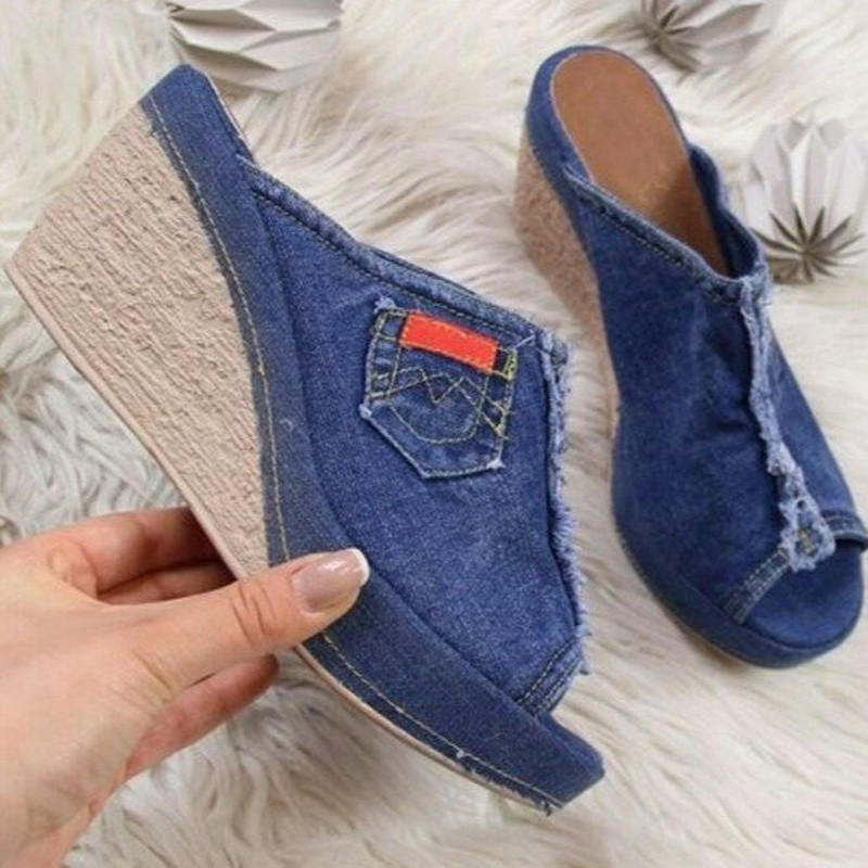 Summer Women Slippers Denim Fish Mouth Shoes Platform High-Heeled Wedge Sandals - Image 5