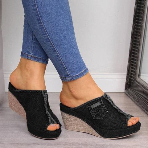 Summer Women Slippers Denim Fish Mouth Shoes Platform High-Heeled Wedge Sandals - Image 8