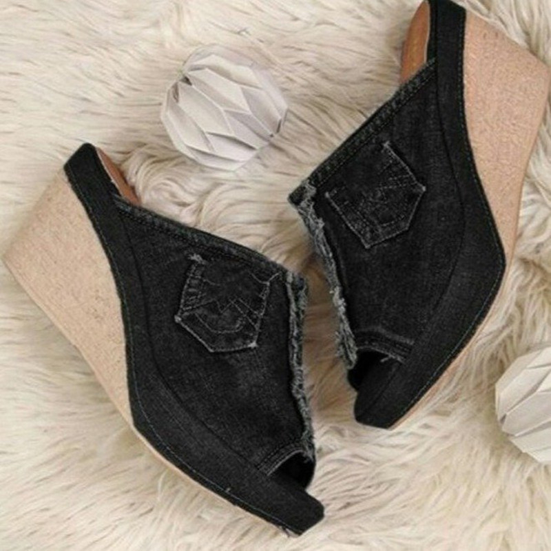 Summer Women Slippers Denim Fish Mouth Shoes Platform High-Heeled Wedge Sandals - Image 2