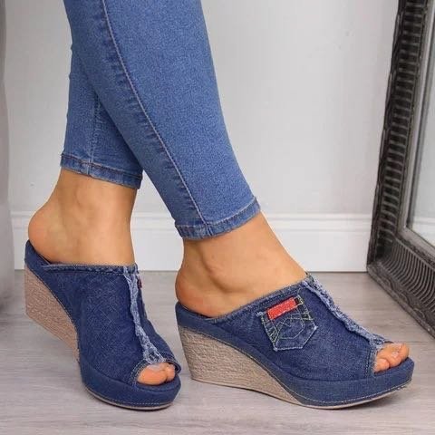 Summer Women Slippers Denim Fish Mouth Shoes Platform High-Heeled Wedge Sandals - Image 3