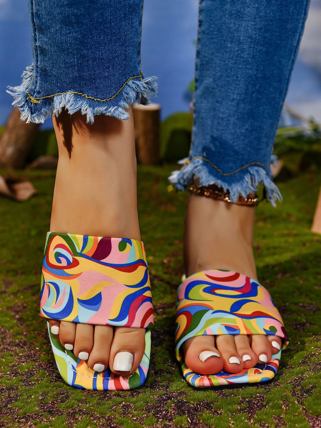 Graffiti Flat Slippers Outdoor Candy Color Square Toe Beach Sandals - Image 5