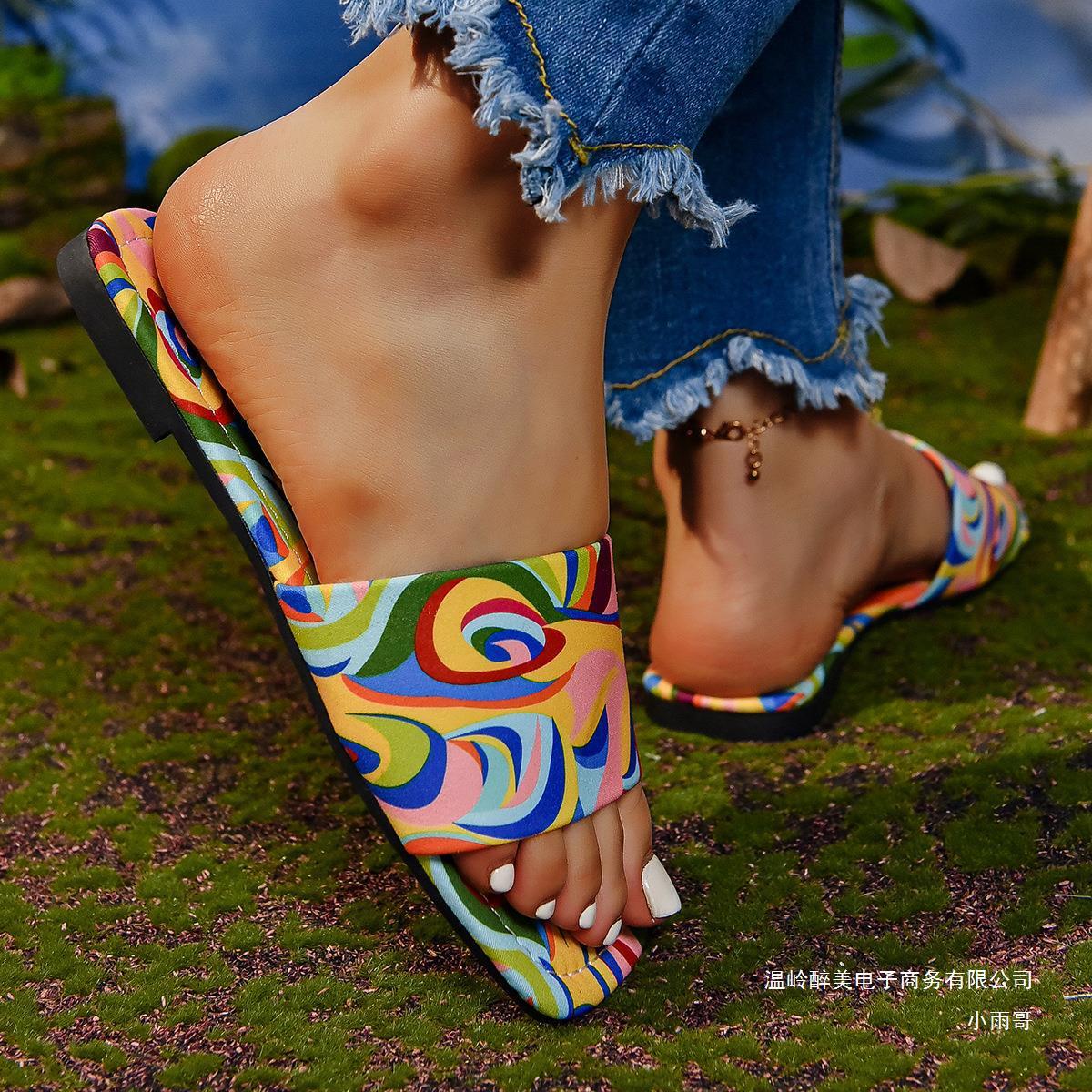 Graffiti Flat Slippers Outdoor Candy Color Square Toe Beach Sandals - Image 9