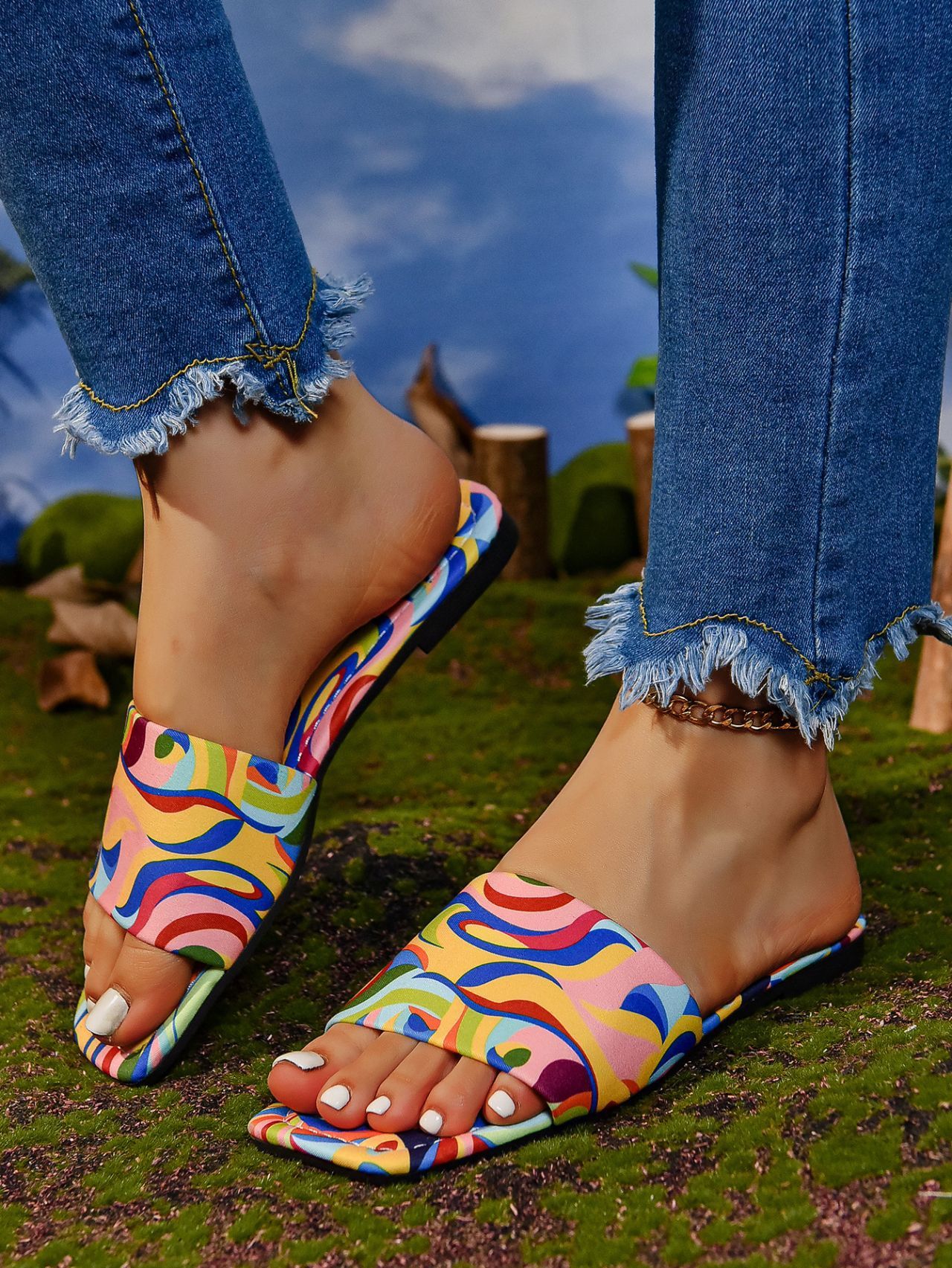 Graffiti Flat Slippers Outdoor Candy Color Square Toe Beach Sandals - Image 6