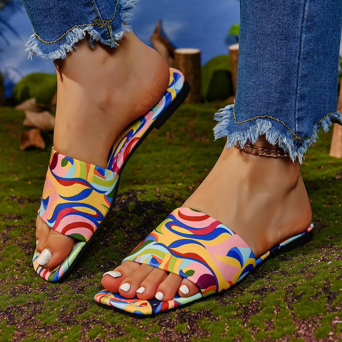 Graffiti Flat Slippers Outdoor Candy Color Square Toe Beach Sandals - Image 2