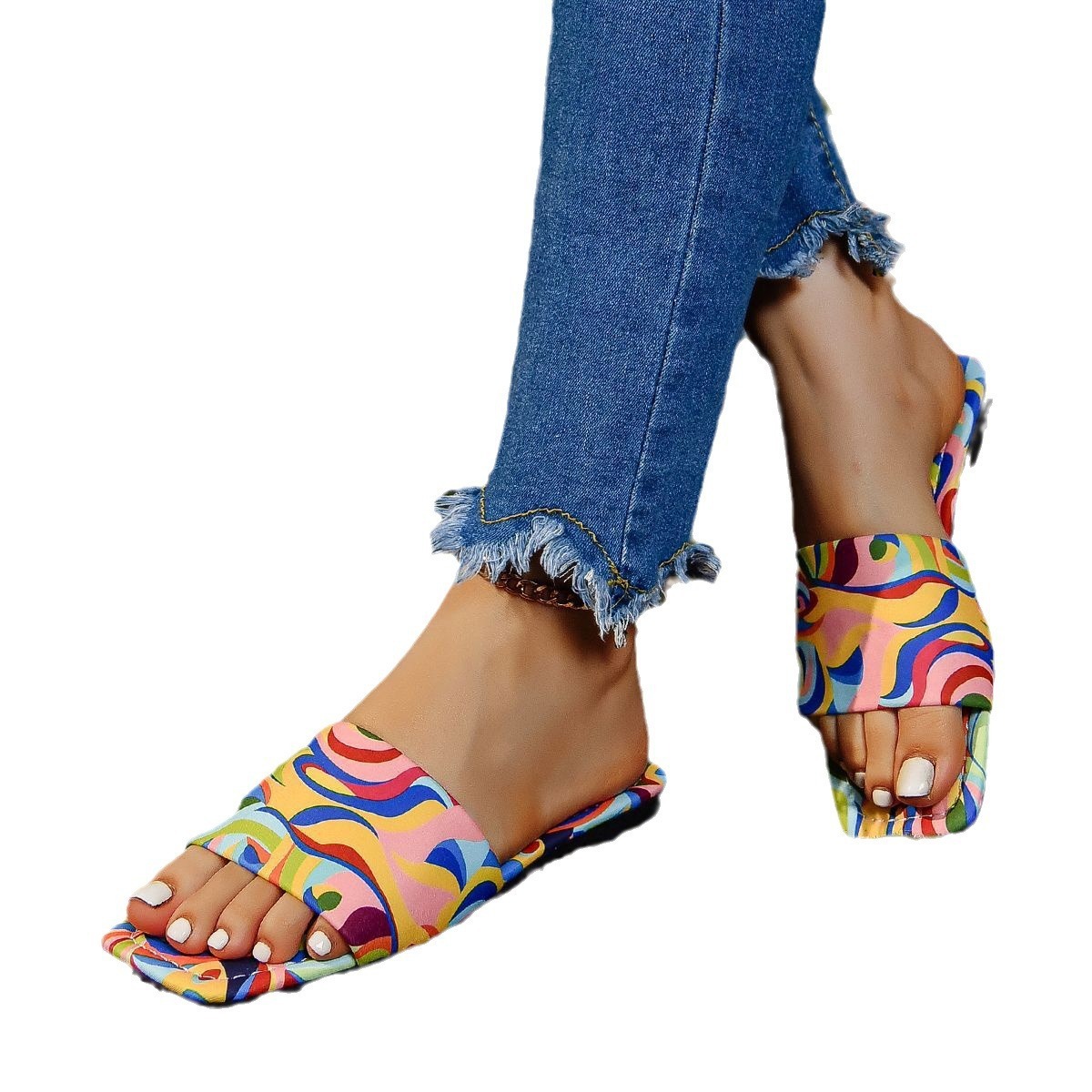 Graffiti Flat Slippers Outdoor Candy Color Square Toe Beach Sandals - Image 7