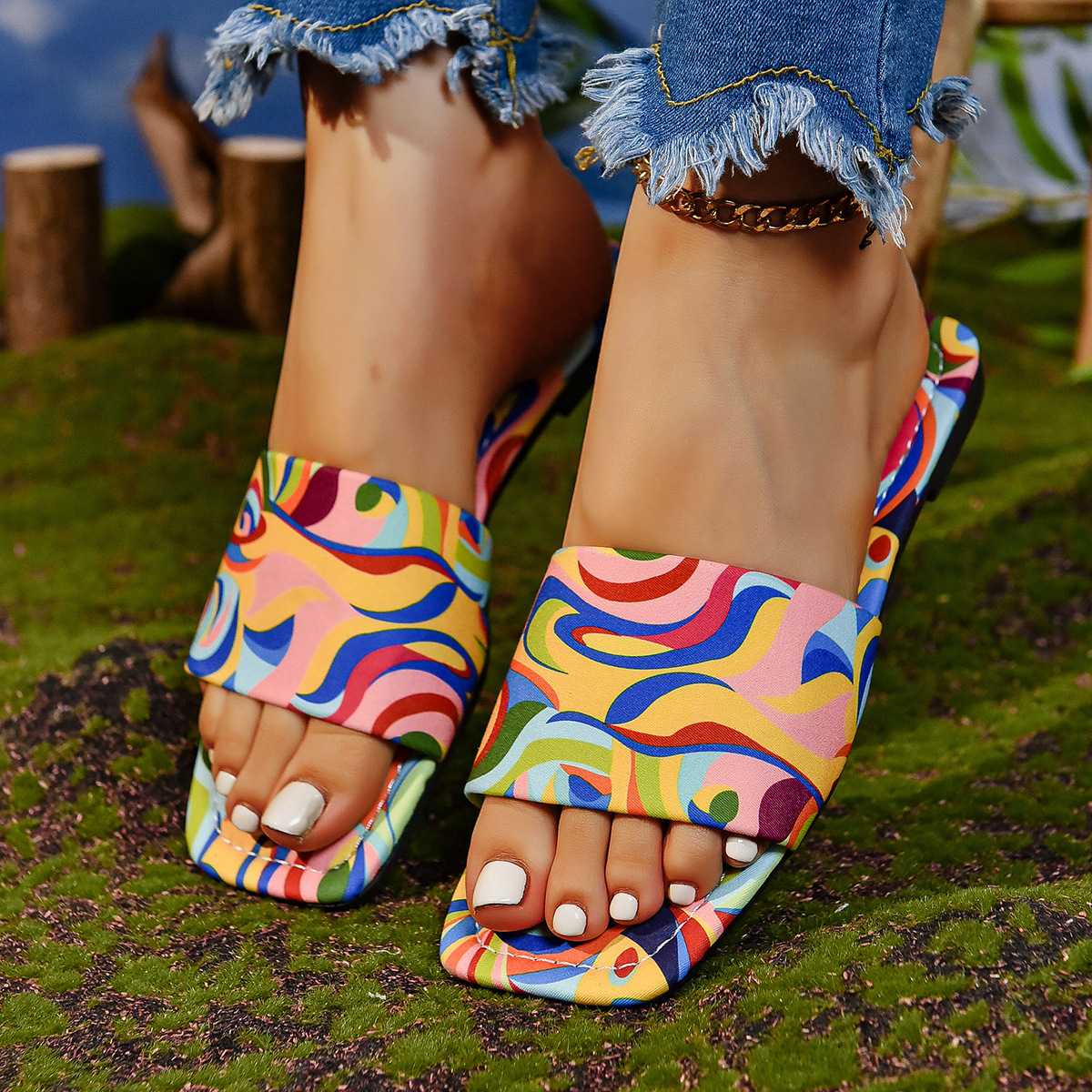 Graffiti Flat Slippers Outdoor Candy Color Square Toe Beach Sandals - Image 10