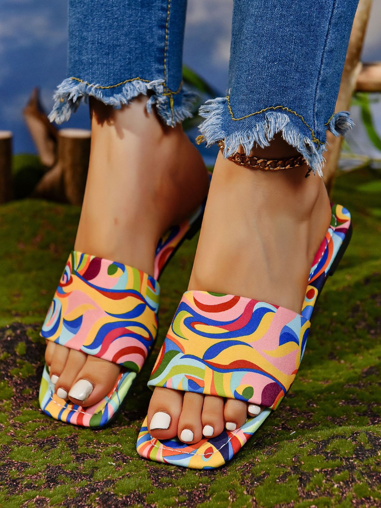 Graffiti Flat Slippers Outdoor Candy Color Square Toe Beach Sandals - Image 8
