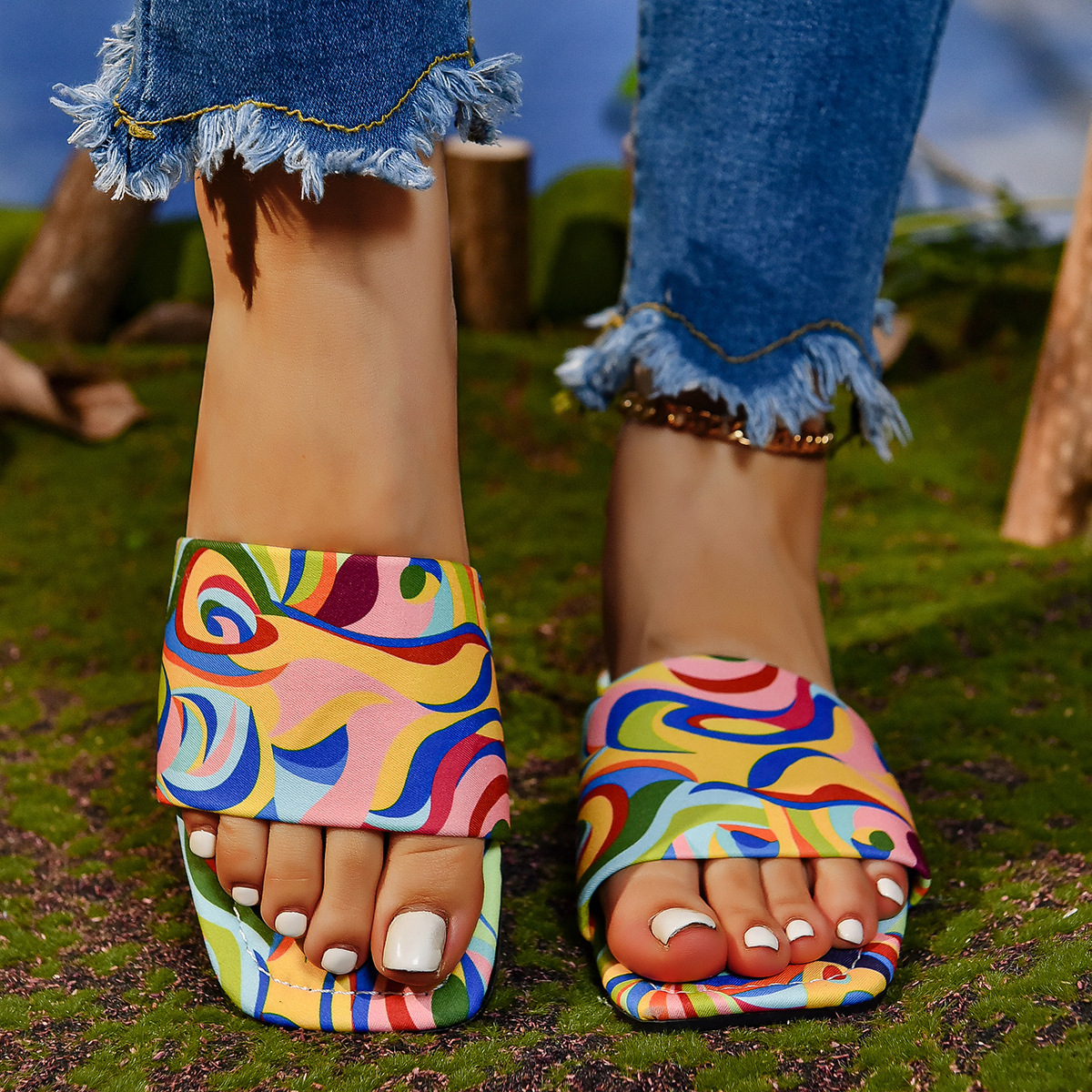 Graffiti Flat Slippers Outdoor Candy Color Square Toe Beach Sandals - Image 3